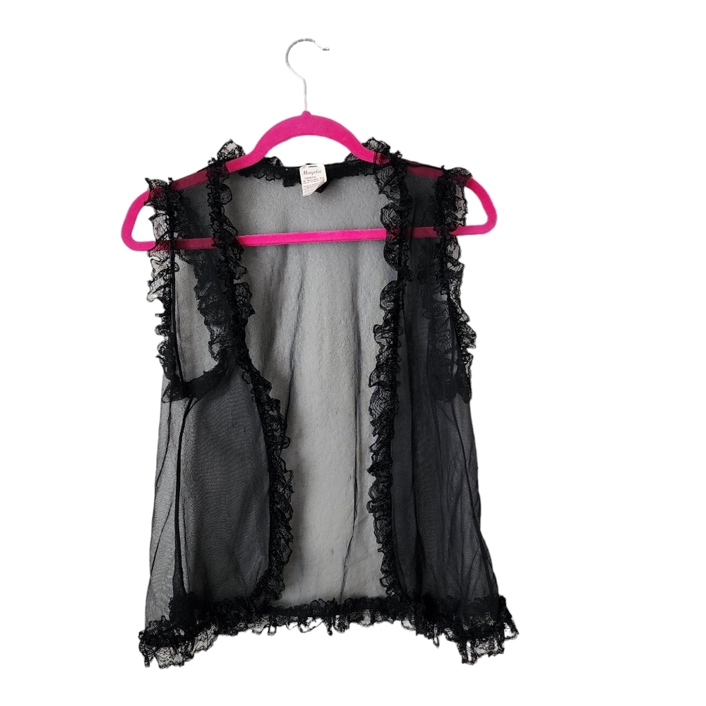 MAYELA x VINTAGE Nylon negligee sheer lace trim open top in black M‎